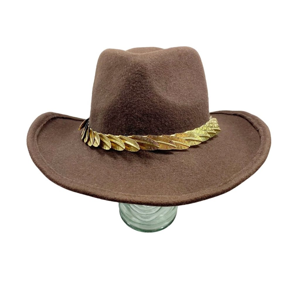 Custom Vintage Hammered Gold Metal Feather Decorated Band Brown Wool Ran…